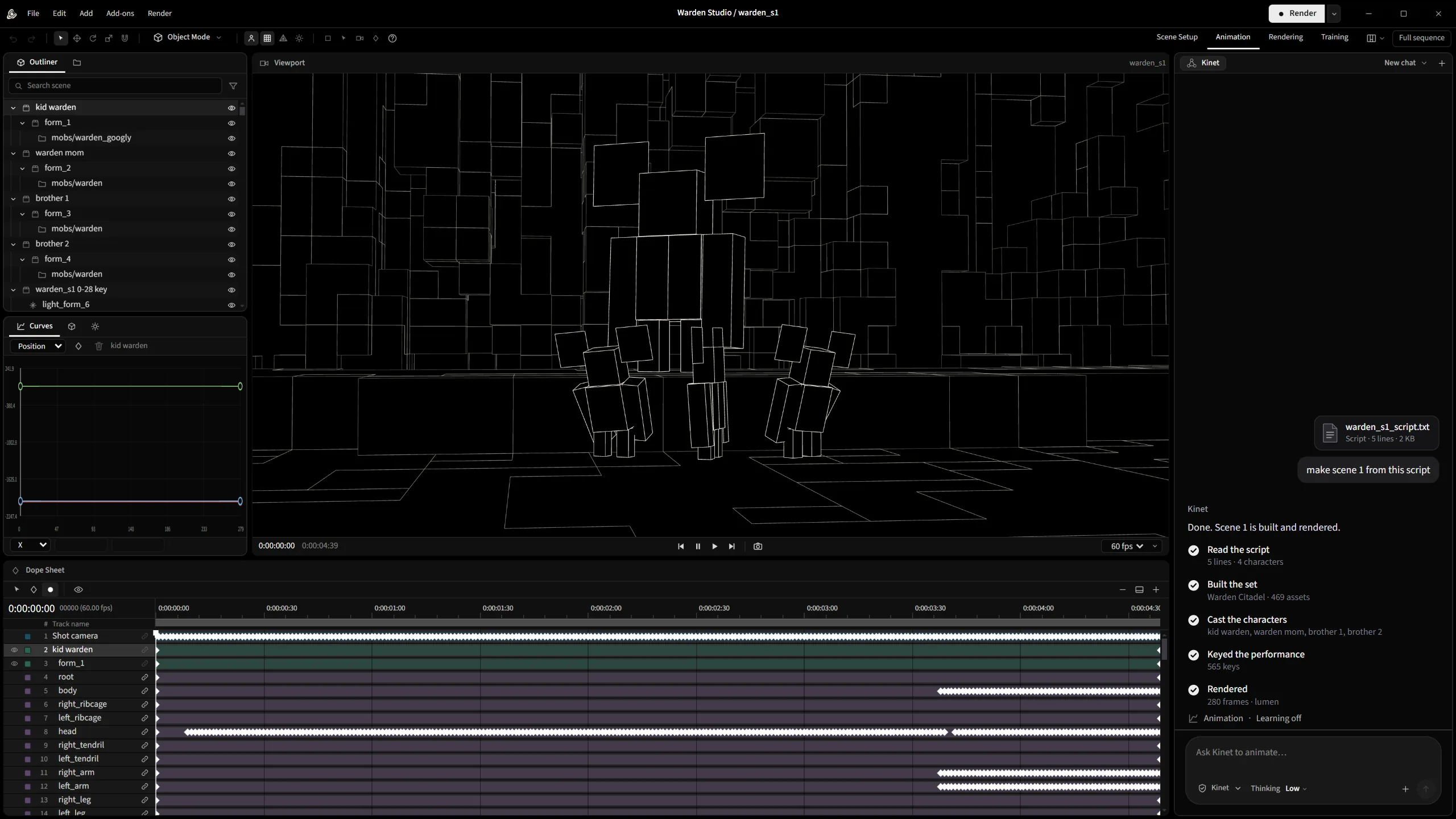The illusion editor playing a scene: a wireframe viewport, the dope sheet, and Kinet turning a script into the finished scene.